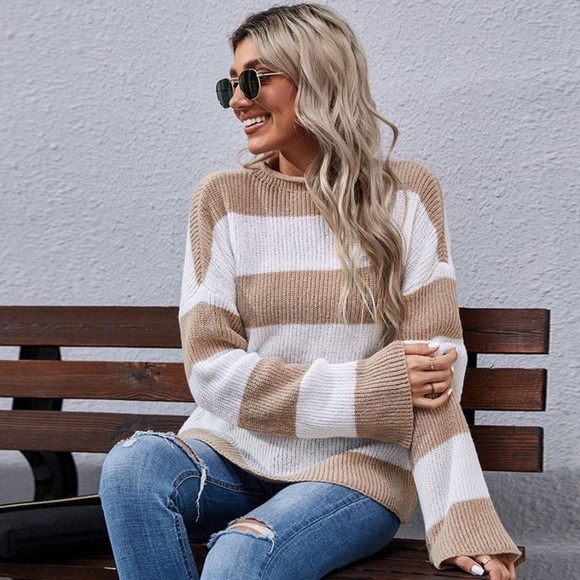 New Beige Textured Stripe Sweater - Picture 6 of 7